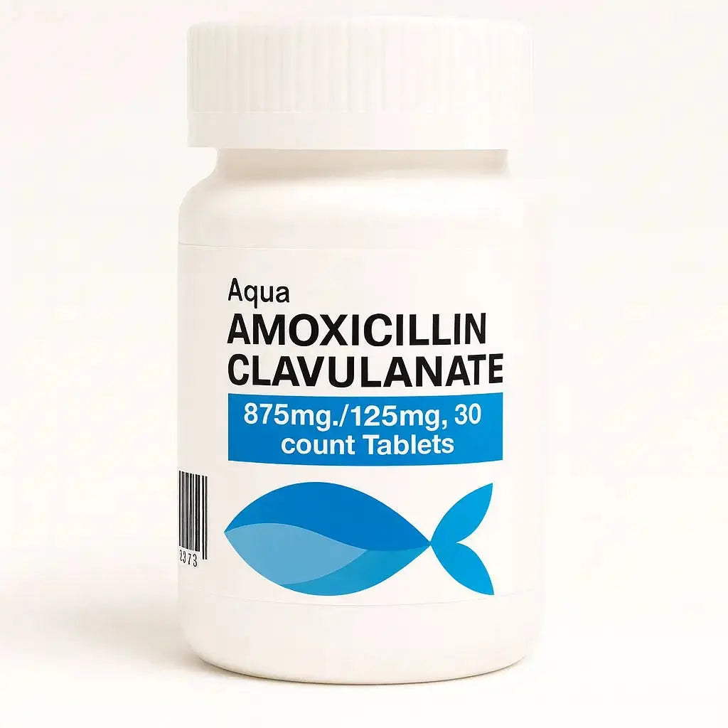 Bottle of Aqua Amoxicillin Clavulanate tablets on a white background