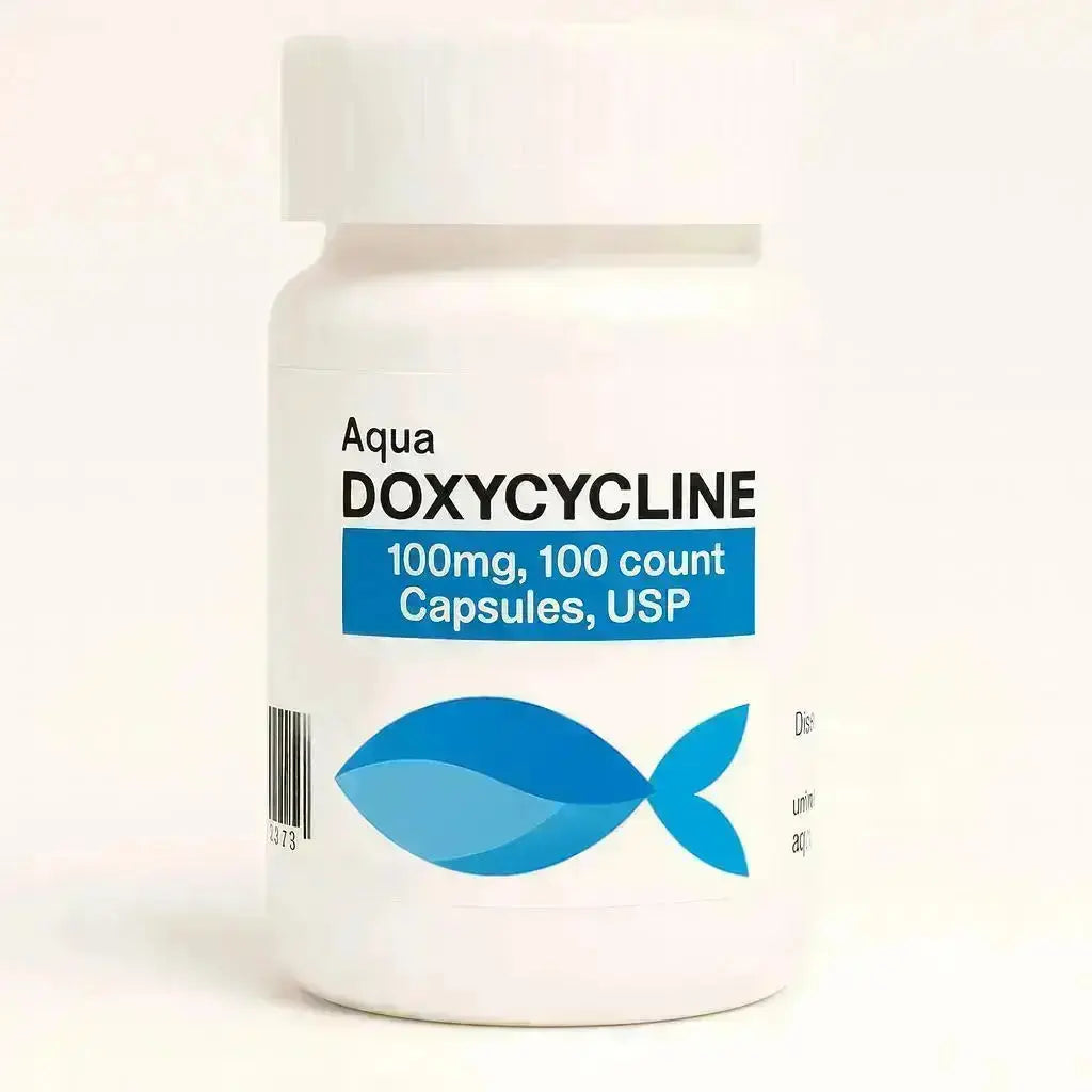 Bottle of Aqua Doxycycline capsules  Fish Antibiotics  on a white background