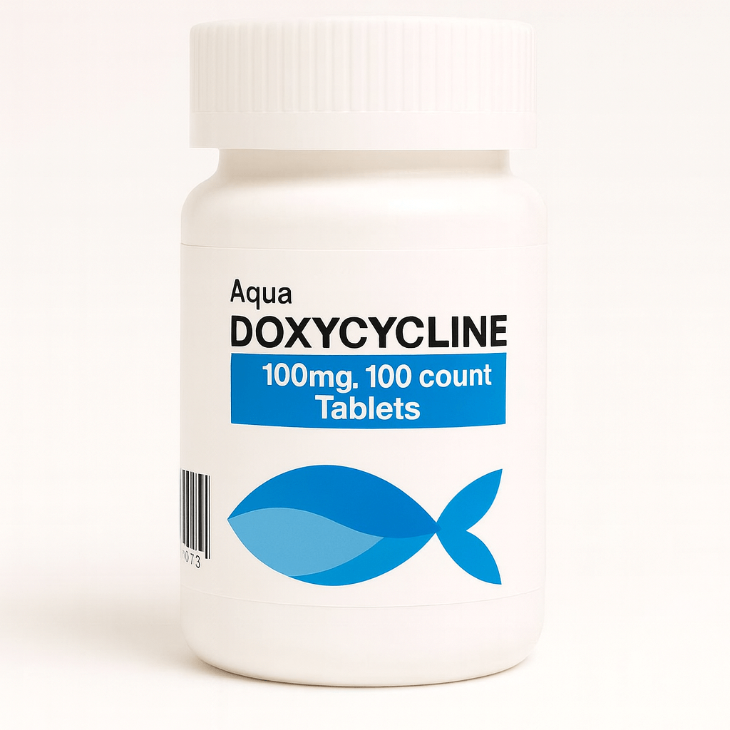 Bottle of Aqua Doxycycline tablets – Fish Antibiotics   on a white background