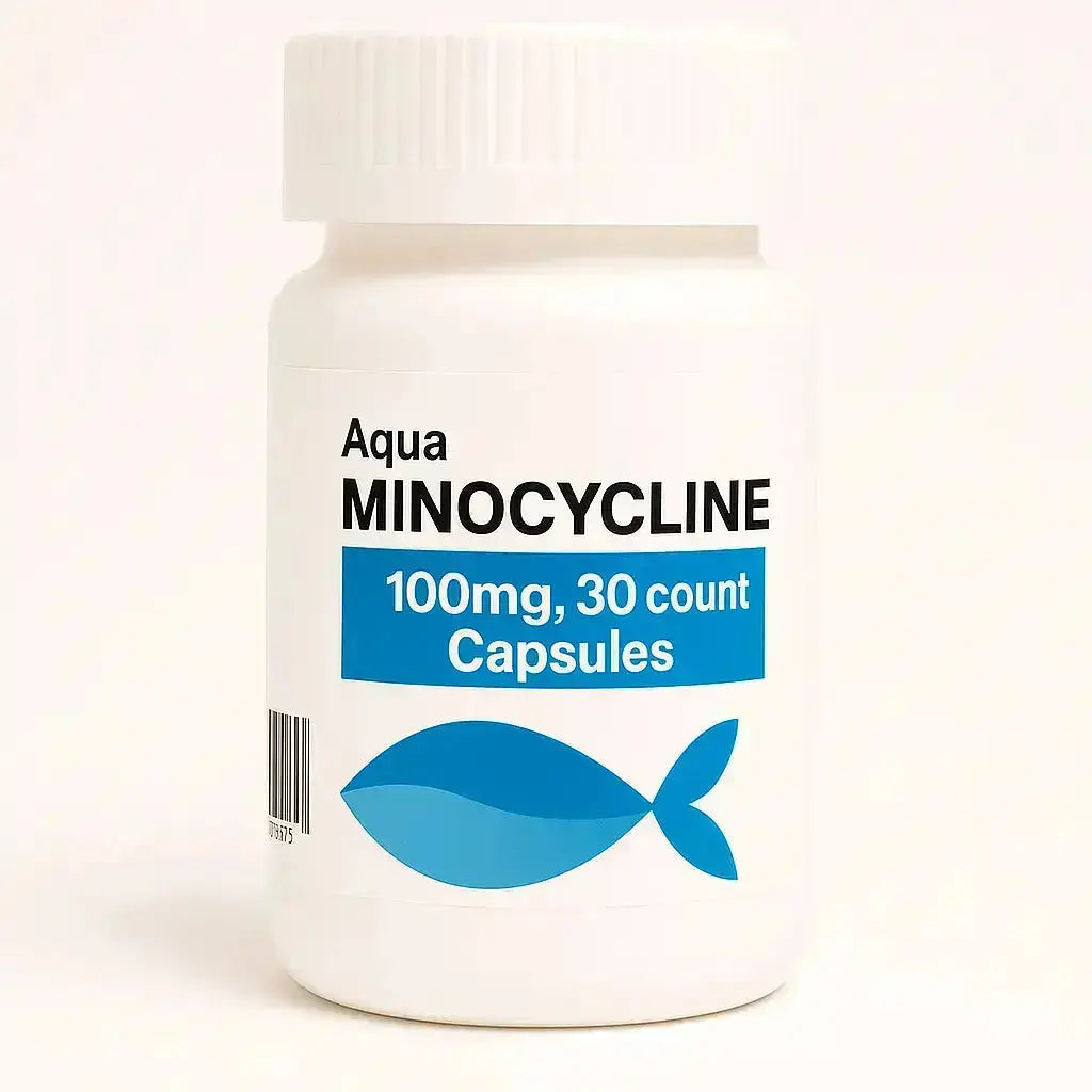 Bottle of Aqua Minocycline capsules – Fish Antibiotics  on a white background
