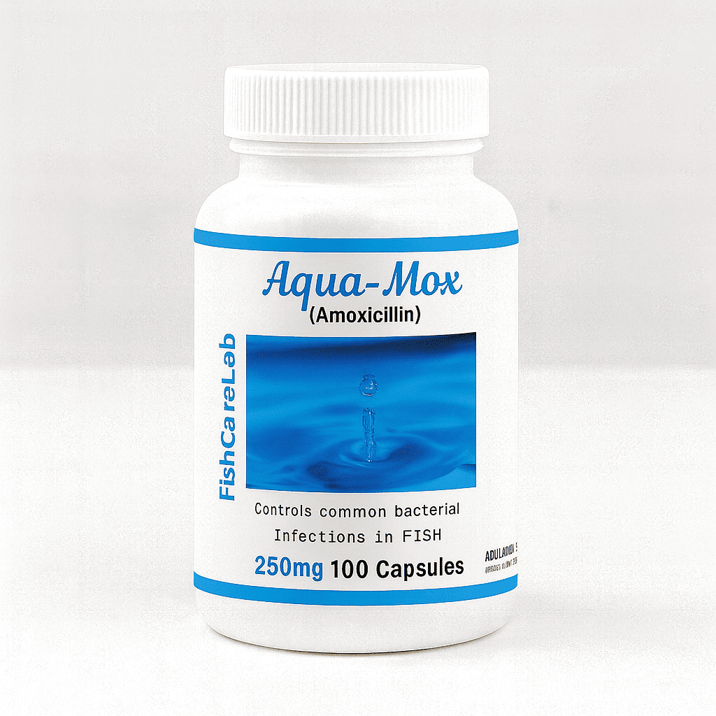 Bottle of Aqua-Mox Amoxicillin capsules for fish on a white background