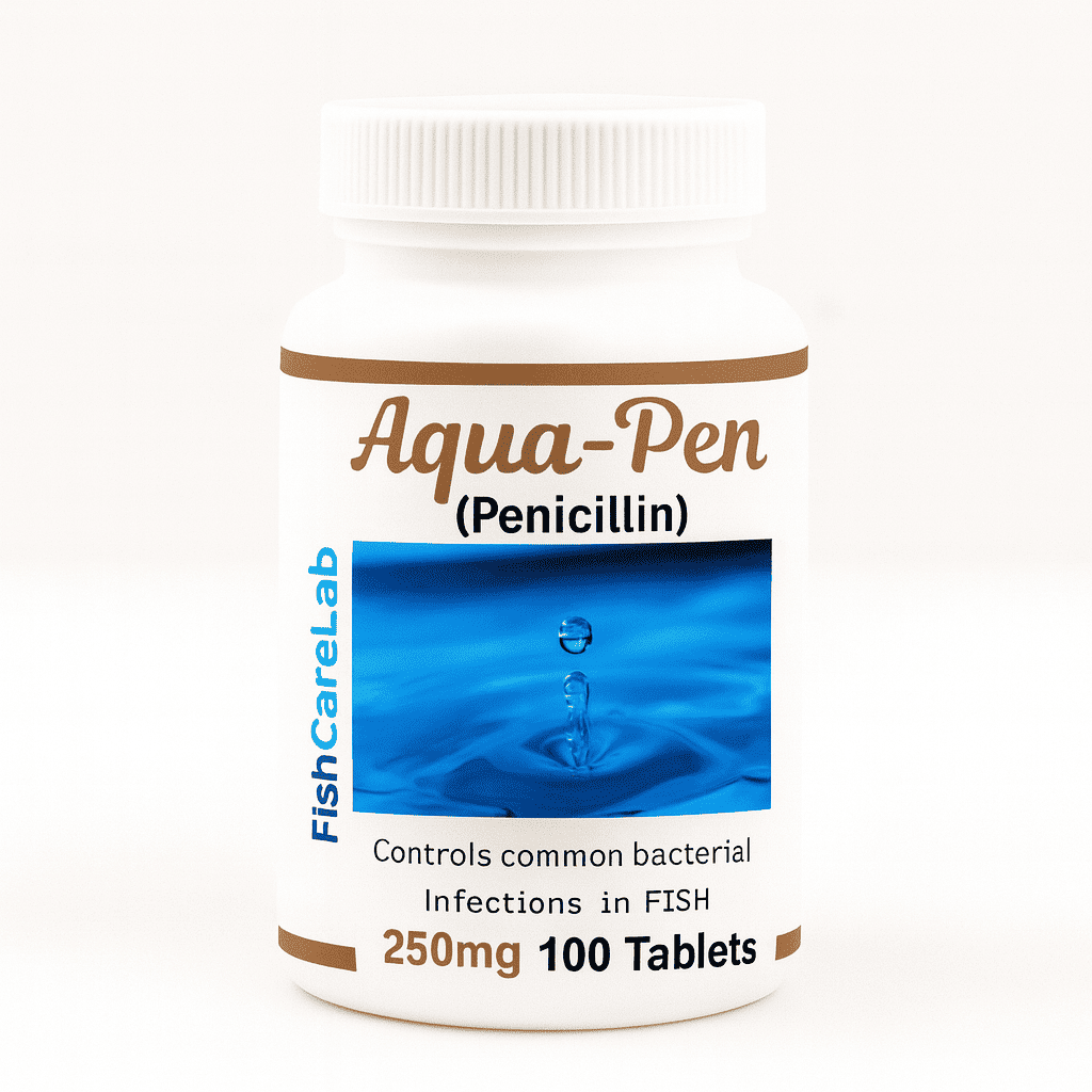Bottle of Aqua-Pen Penicillin Fish Antibiotics with label on a white background