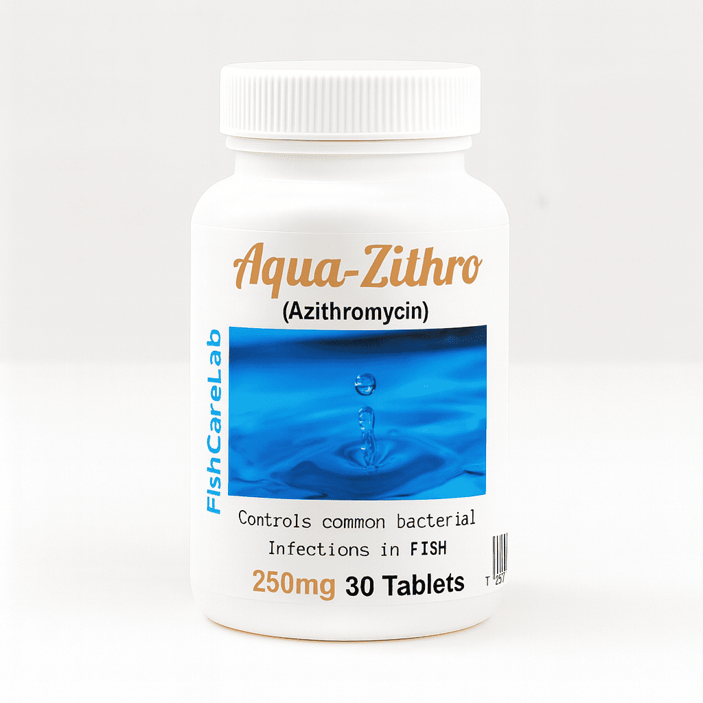 Bottle of Aqua-Zithro (Azithromycin) for fish Antibiotics  on a white background