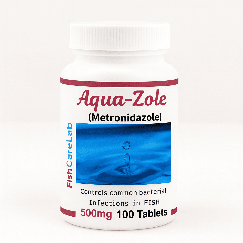 Bottle of Aqua-Zole Metronidazole on a white background